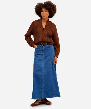 saia longa feminina jeans com recortes azul