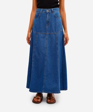 saia longa feminina jeans com recortes azul