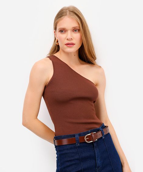 blusa ombro único feminino de tricot marrom