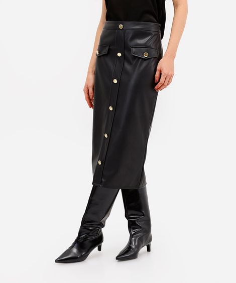 saia midi feminina de poliuretano com botões preta