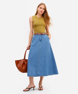 saia longa feminina jeans com cinto azul
