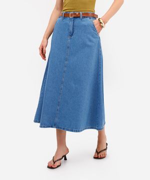 saia longa feminina jeans com cinto azul