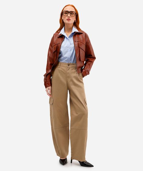 calça balloon feminina de sarja com bolsos cargo bege