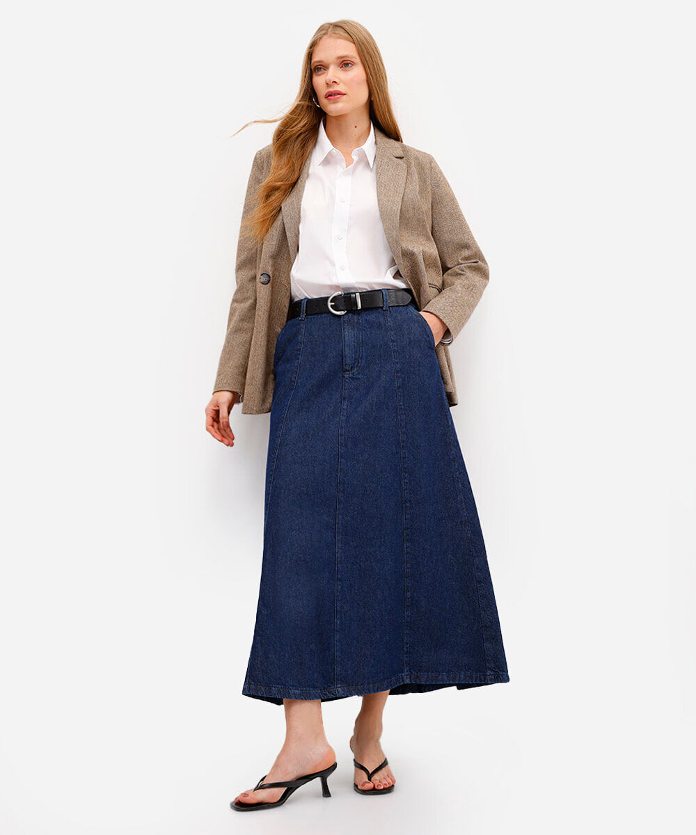 saia midi evasê feminina jeans com recortes azul