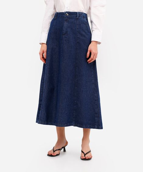 saia midi evasê feminina jeans com recortes azul