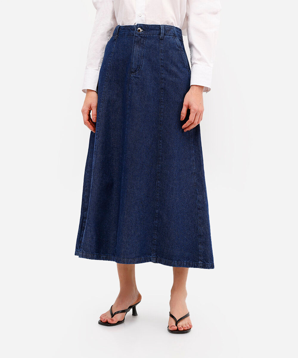 saia midi evasê feminina jeans com recortes azul
