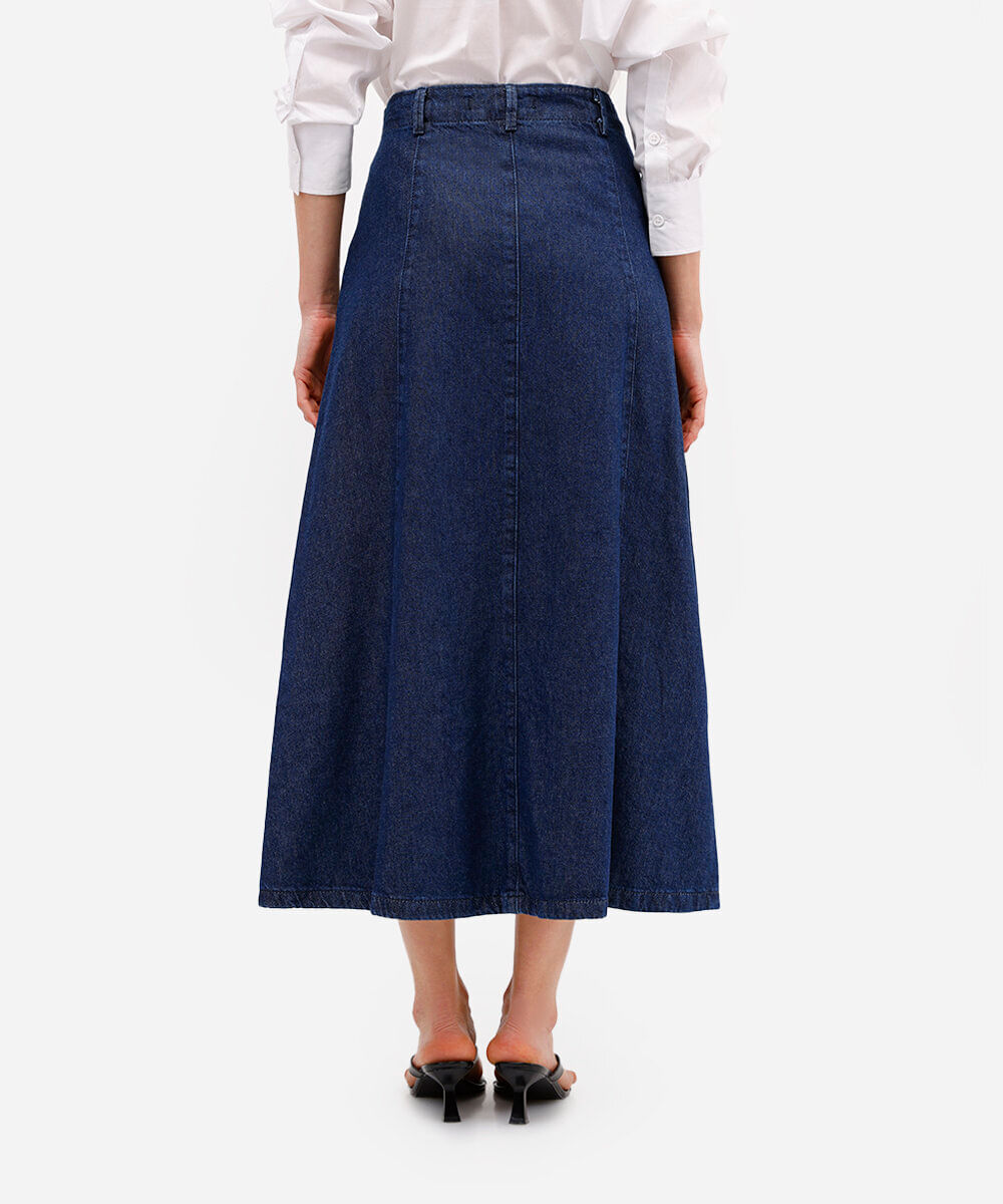 saia midi evasê feminina jeans com recortes azul
