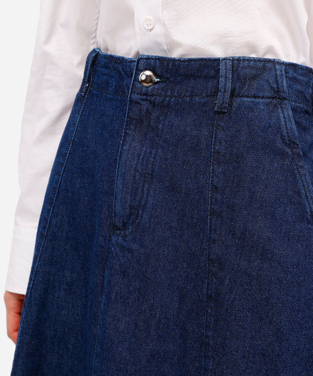 saia midi evasê feminina jeans com recortes azul