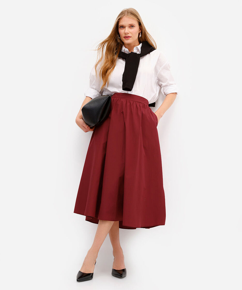 saia midi feminina godê com algodão vinho