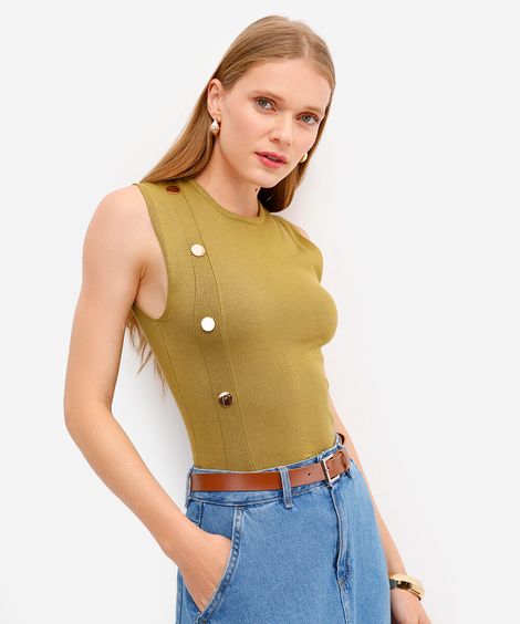 regata feminina de tricot com botões verde