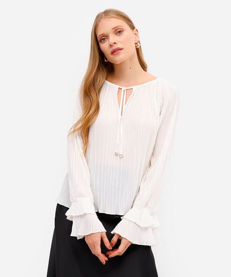 bata feminina plissada com babado off white