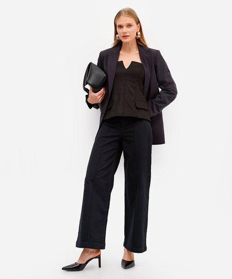 calça wide leg feminina de sarja cintura alta preta