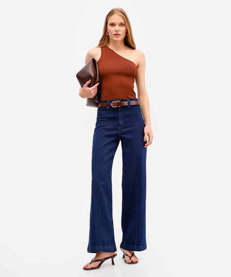 calça wide leg feminina jeans com nervura azul