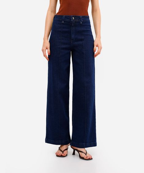 calça wide leg feminina jeans com nervura azul