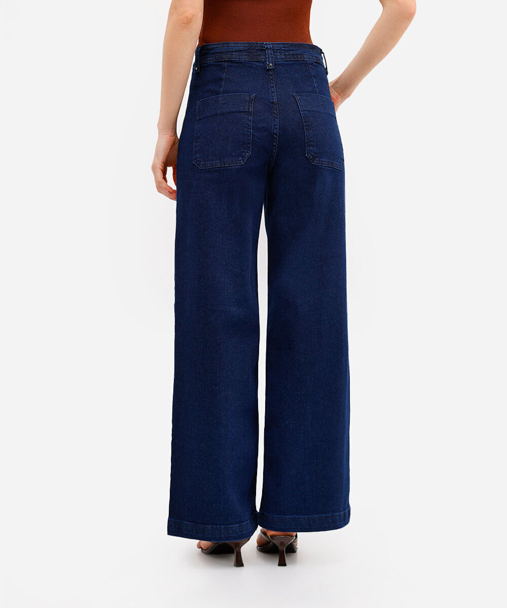 calça wide leg feminina jeans com nervura azul