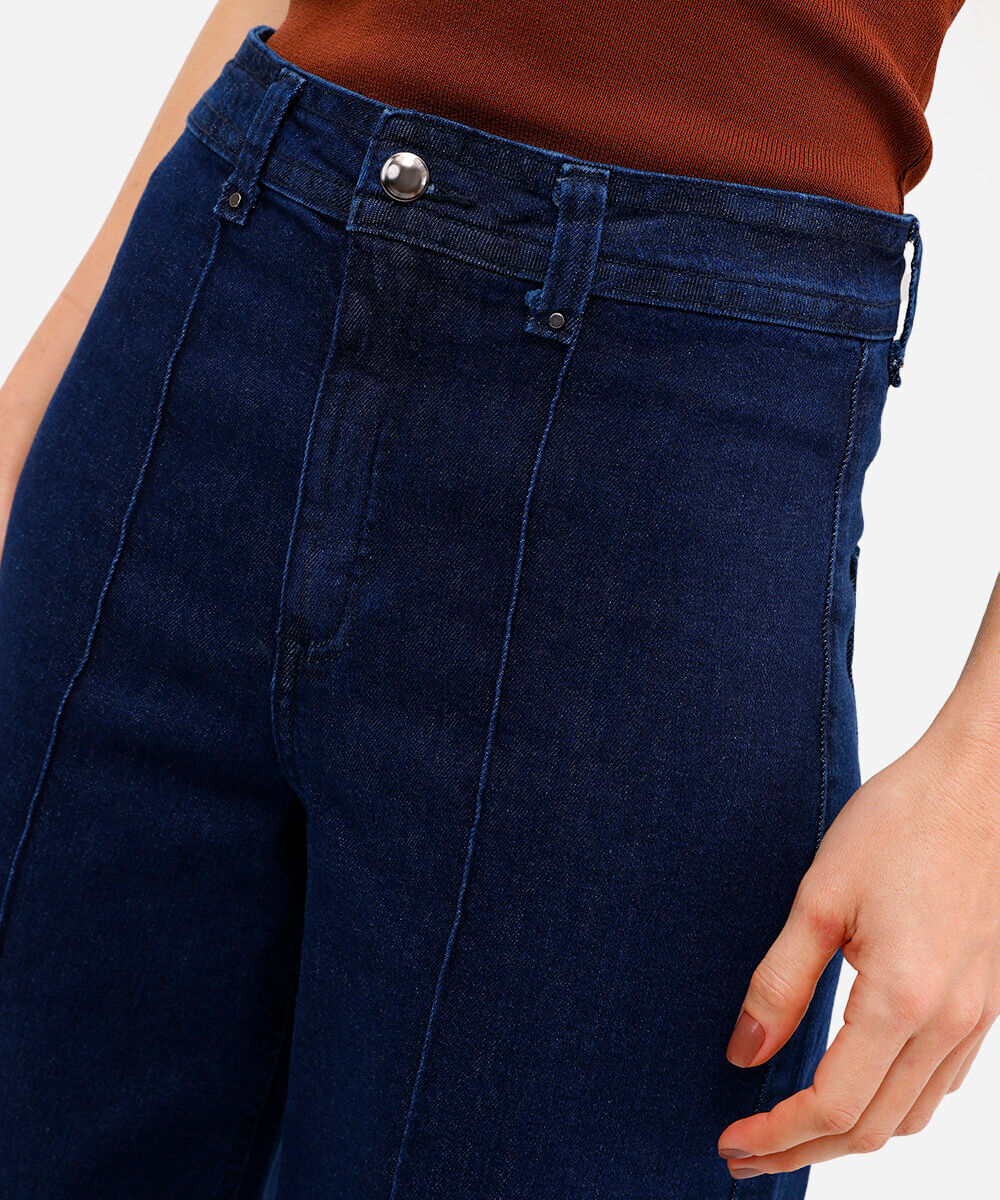 calça wide leg feminina jeans com nervura azul