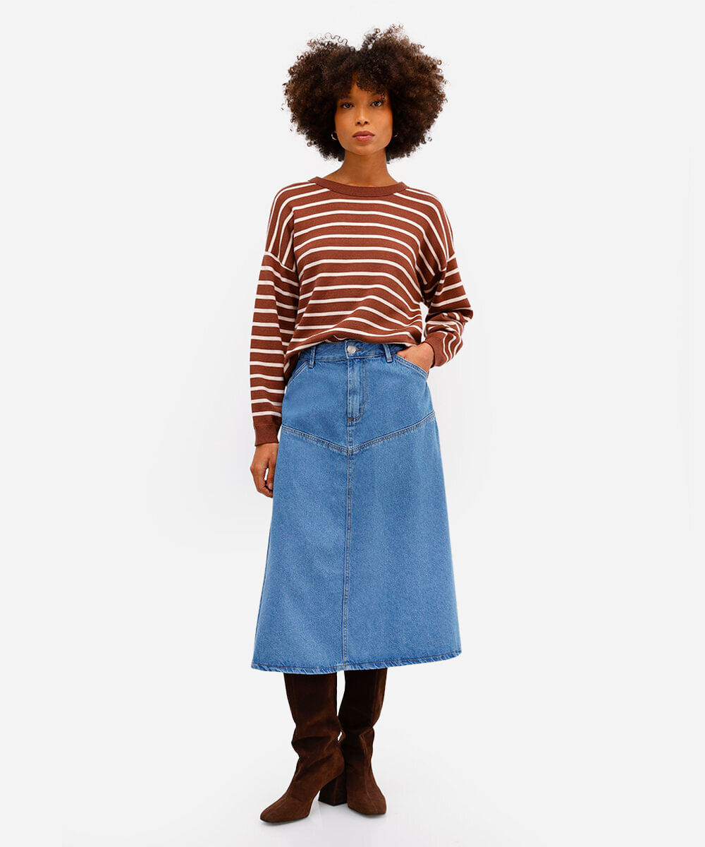 saia midi evasê feminina jeans com recortes azul