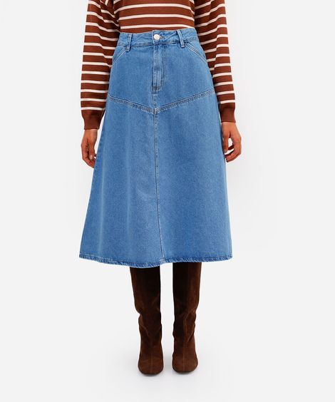 saia midi evasê feminina jeans com recortes azul