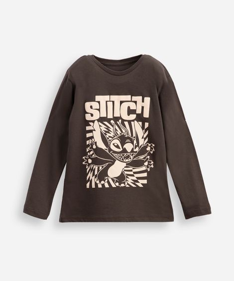 camiseta infantil de algodão stitch manga longa cinza