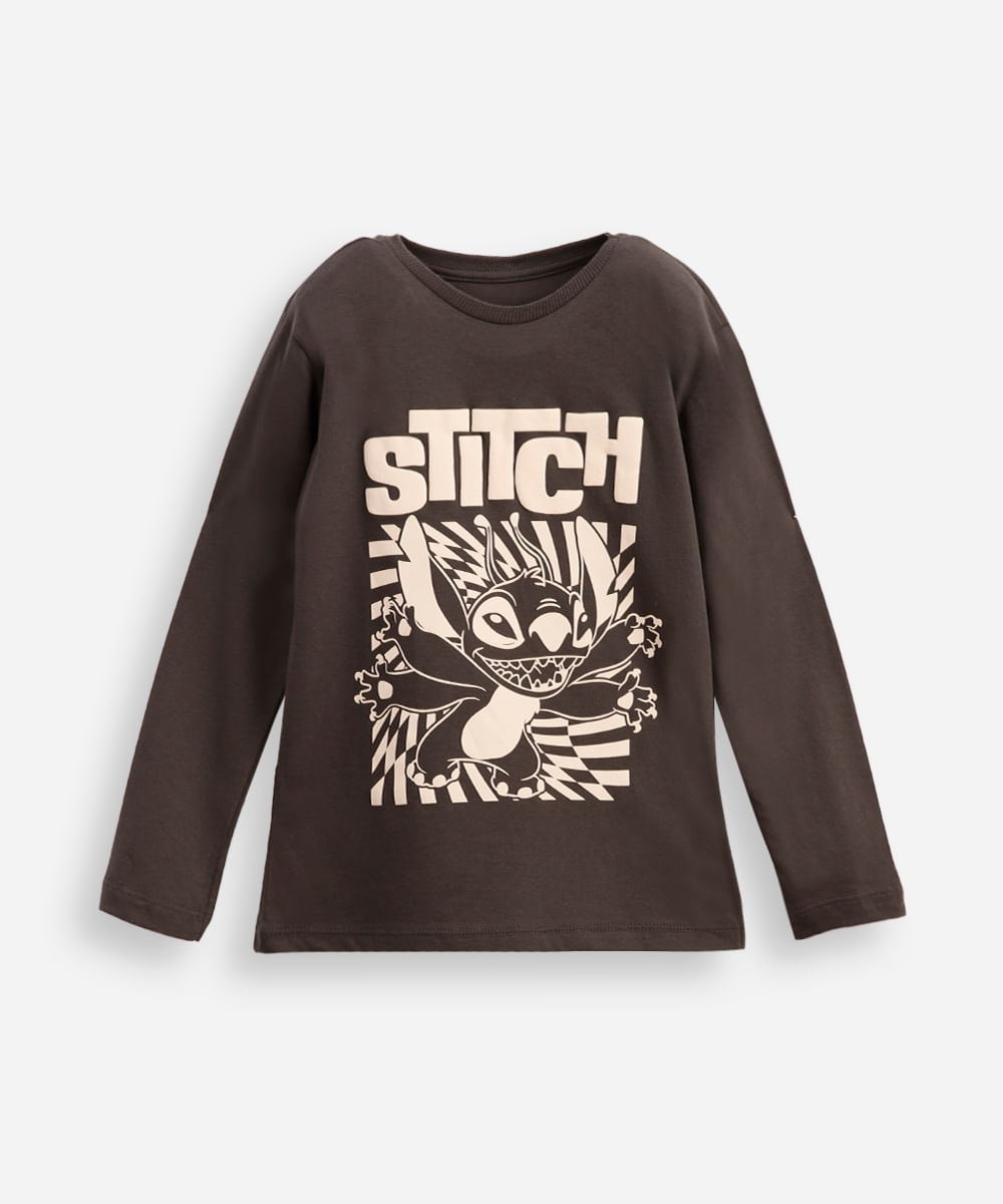 camiseta infantil de algodão stitch manga longa cinza