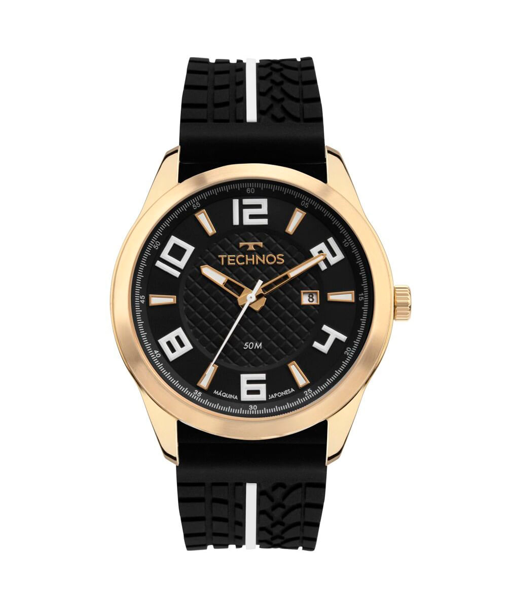 kit relógio masculino technos 2115tvvk2p analógico calendário dourado