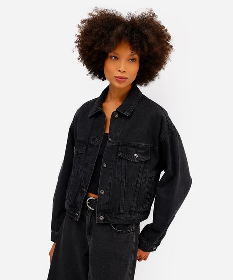 jaqueta feminina jeans com pregas preta
