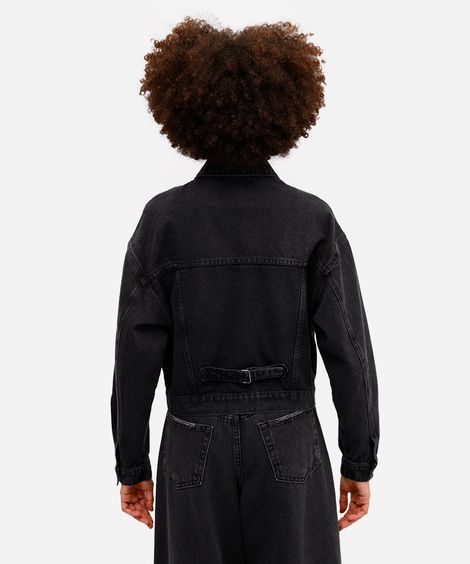 jaqueta feminina jeans com pregas preta
