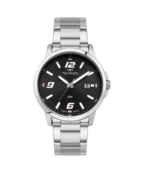 kit relógio masculino technos 2315lavk1p analógico calendário prateado