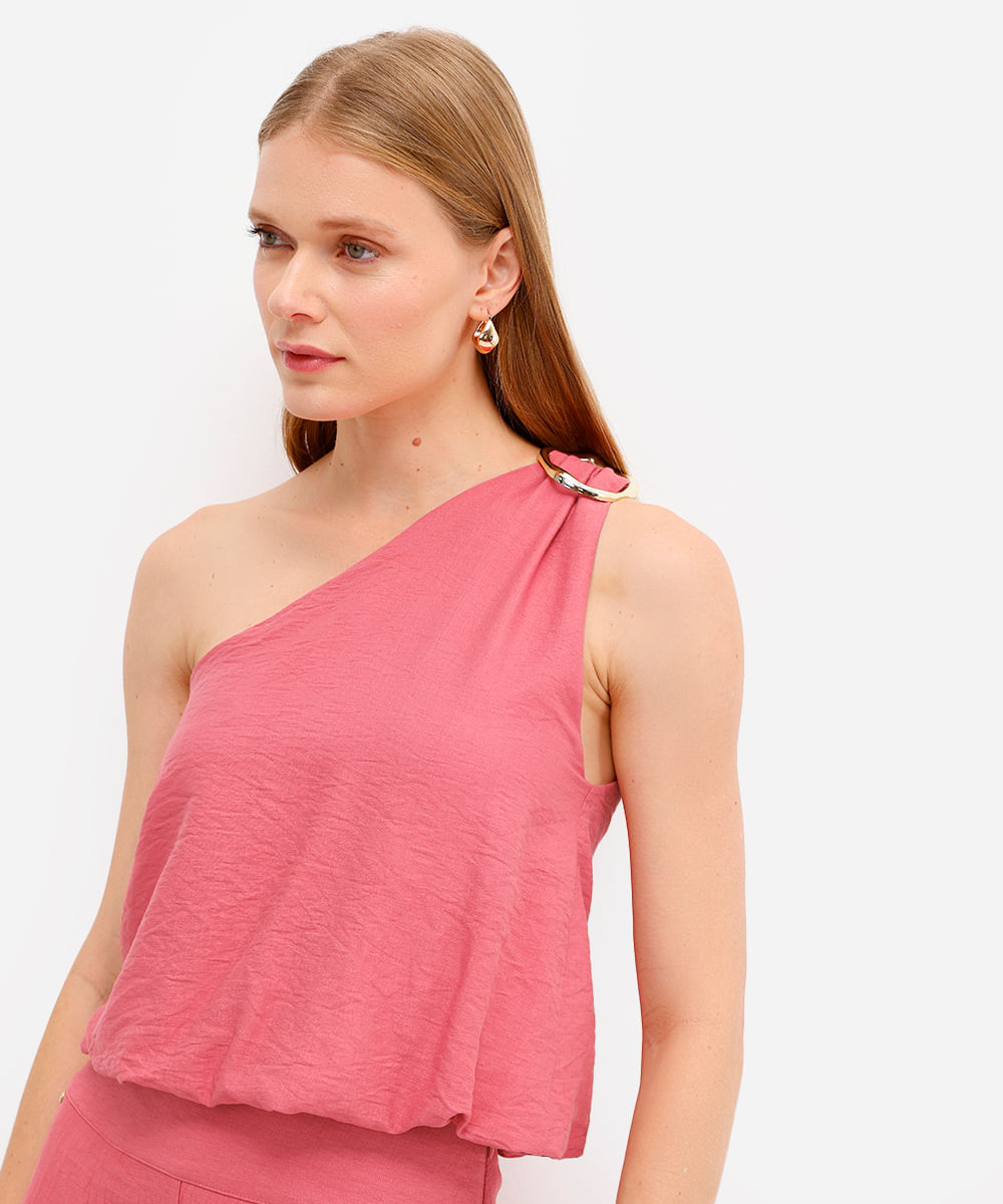 blusa ombro feminina balonê de viscose texturizada rosa