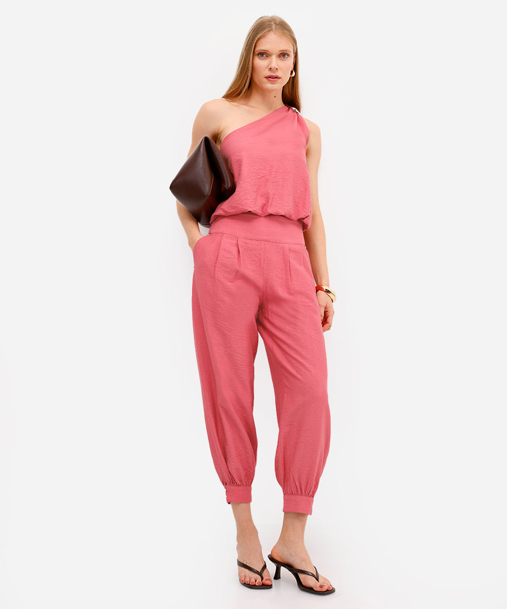 blusa ombro feminina balonê de viscose texturizada rosa