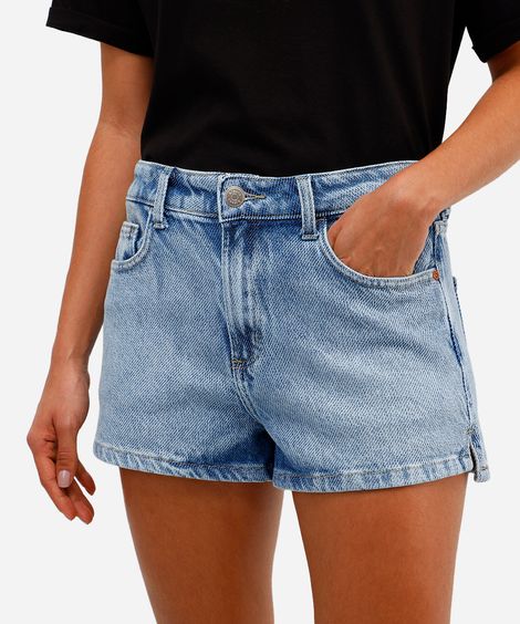 short feminino jeans com fendas azul