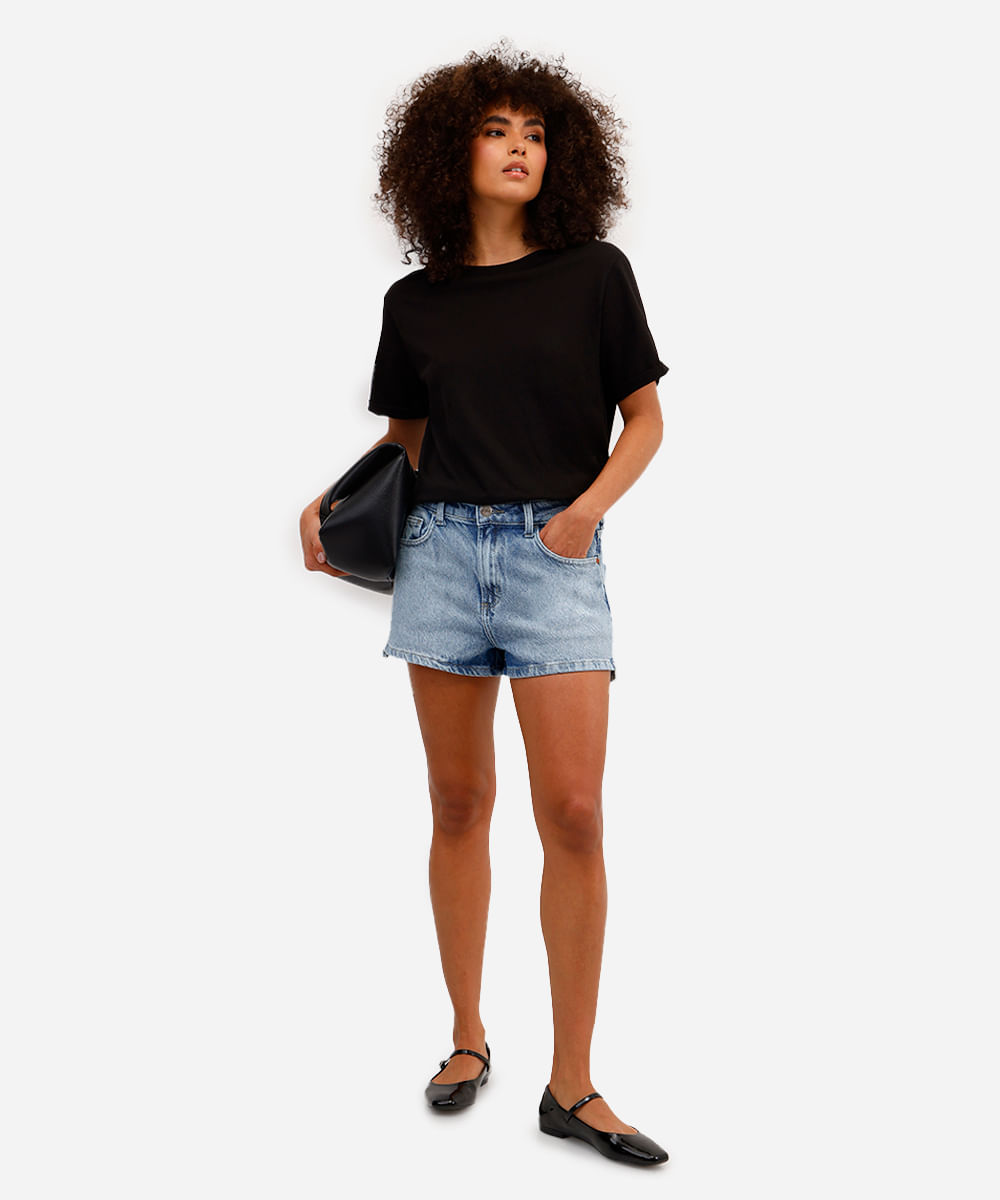 short feminino jeans com fendas azul