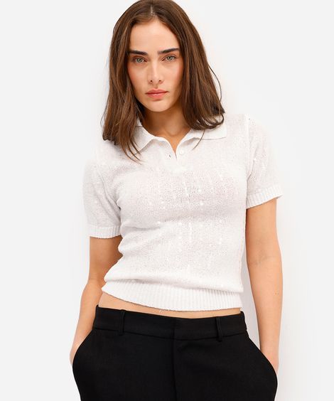 polo feminina de tricot com paetê off white