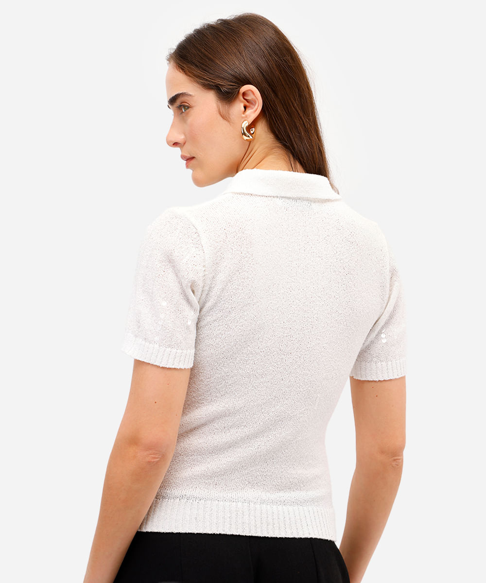 polo feminina de tricot com paetê off white