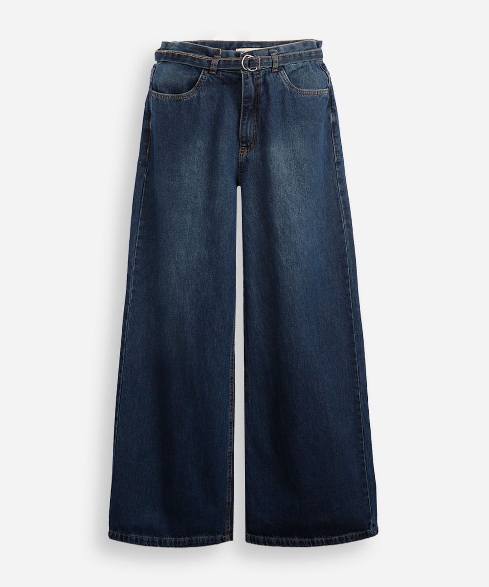 calça jeans wide leg com cinto - jeans medio