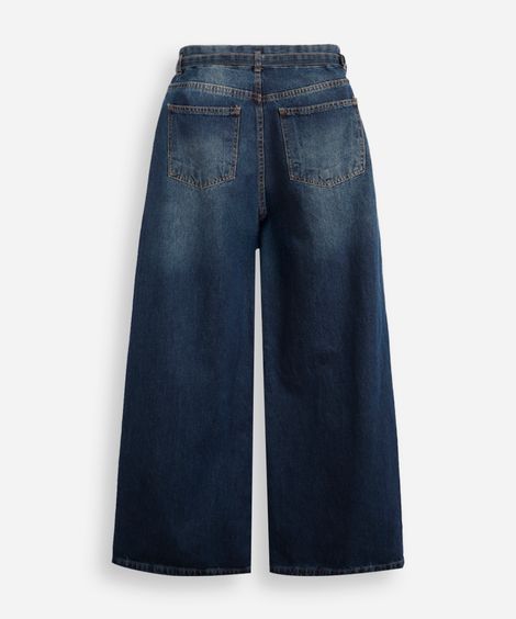 calça jeans wide leg com cinto - jeans medio