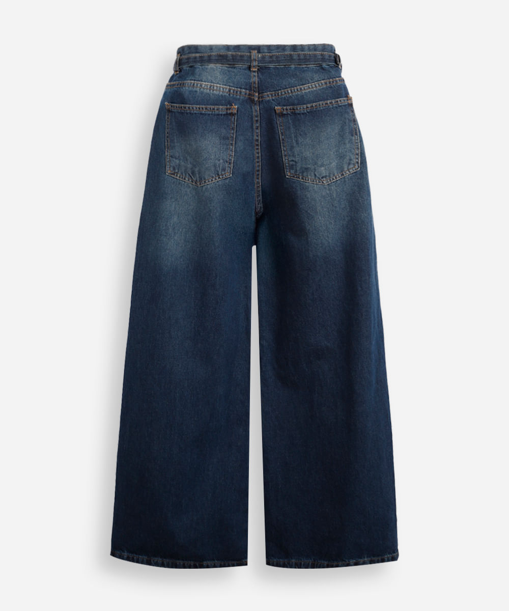 calça jeans wide leg com cinto - jeans medio
