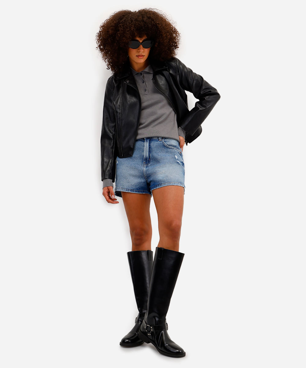 short mom feminino jeans com fendas azul