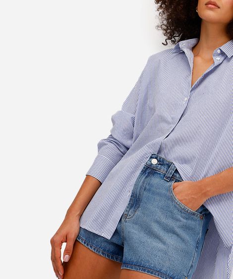 short feminino jeans com fendas azul