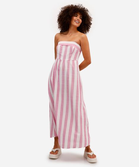 vestido midi feminino de viscose sem alça listrado rosa