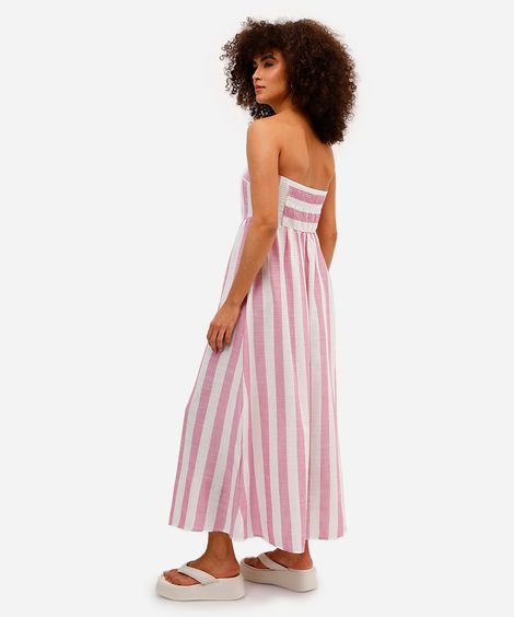 vestido midi feminino de viscose sem alça listrado rosa