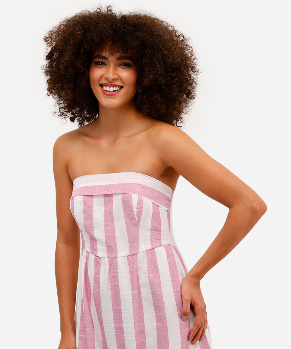 vestido midi feminino de viscose sem alça listrado rosa