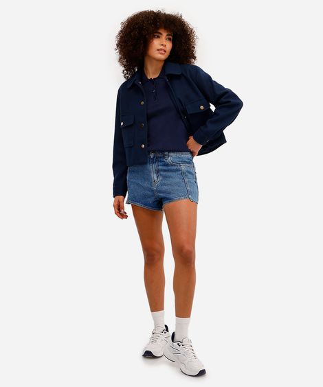 short feminino jeans cintura média com recortes azul