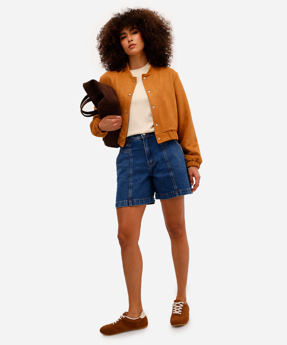 bermuda feminina jeans com recortes azul