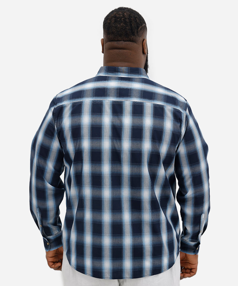 camisa comfort masculina manga longa xadrez plus size azul