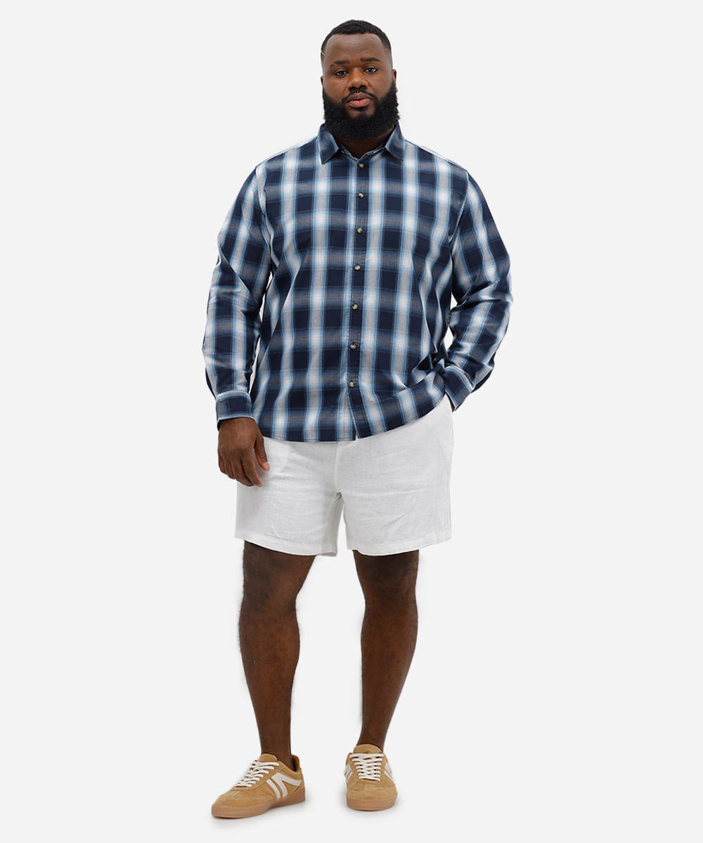 camisa comfort masculina manga longa xadrez plus size azul