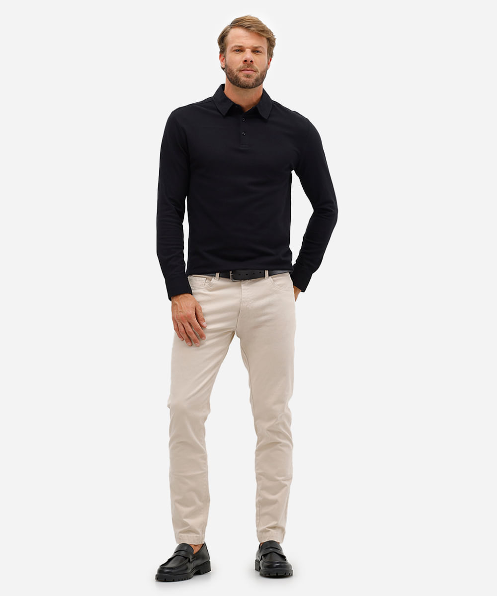 polo masculina de algodão manga longa texturizada preta