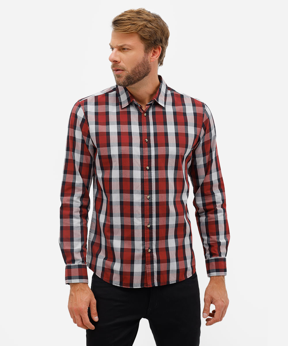 camisa comfort masculina manga longa xadrez vermelha