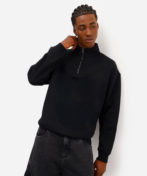 blusão masculino de moletom felpado com zíper preto