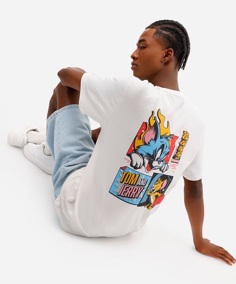 camiseta masculina de algodão tom e jerry off white